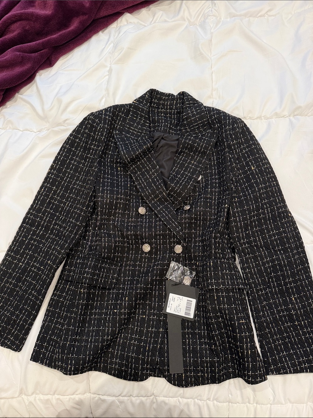 Black Textured Double-Breasted Tweed Blazer with Silver Buttons